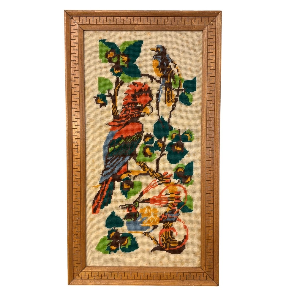 Vintage | Jungle Birds | Needlepoint Framed Wall Art | Wood Frame | 24 x 13